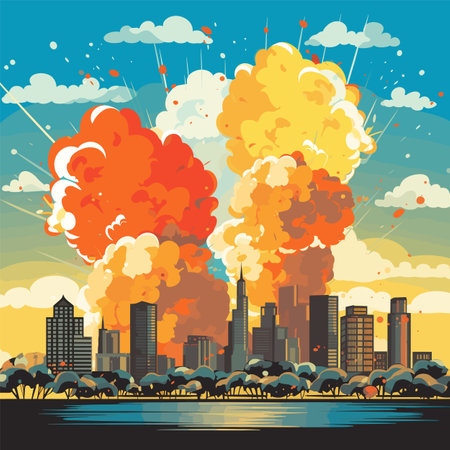 Explosive cityscape with towering inferno, urban skyline on fire, disaster scene. Catastrophic event, emergency and chaos concept vector illustration.のイラスト素材