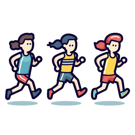 Three cartoon kids running side by side in sporty outfits. Young runners in a race. Children active lifestyle and exercise vector illustration.のイラスト素材