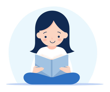 Young Asian girl sitting cross-legged reading a book with a happy expression. Peaceful reading time and love for books. Vector illustrationのイラスト素材