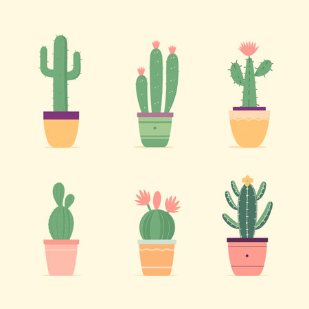 Set of six cute cartoon cacti in colorful pots. Different shapes of cactuses, some with flowers, indoor plant decoration vector illustration.のイラスト素材