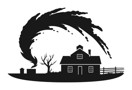 Black silhouette of a tornado approaching a farmhouse with a bare tree. Extreme weather and natural disaster scene vector illustration.のイラスト素材