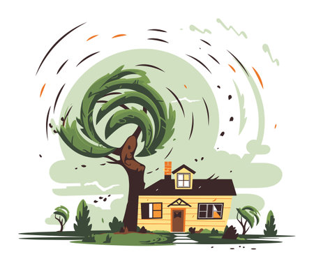 Tornado approaching a house with swirling winds and debris. Nature disaster illustration with a twister near a home. Catastrophe and extreme weather vector illustration.のイラスト素材