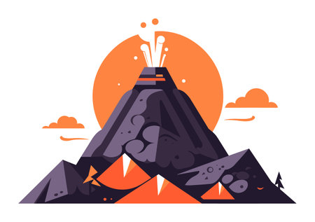 Erupting volcano with magma, smoke, and ash under orange sky. Dynamic nature disaster illustration. Dangerous volcanic eruption landscape vector illustration.のイラスト素材