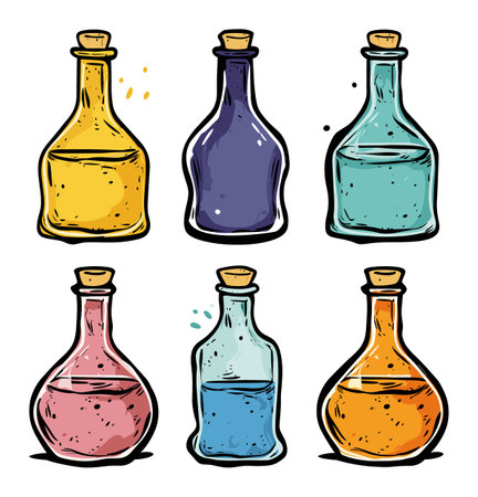 Colorful handdrawn potion bottles corks. Magical liquid vials sketch fantasy themes. Alchemist wizard supplies vector illustrationのイラスト素材