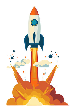 Cartoon rocket launching fire smoke. Space exploration, startup launch concept. Retro spaceship taking off, adventure vector illustrationのイラスト素材