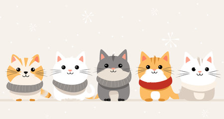 Five cute cats scarves sit side side winterthemed vector illustrationのイラスト素材