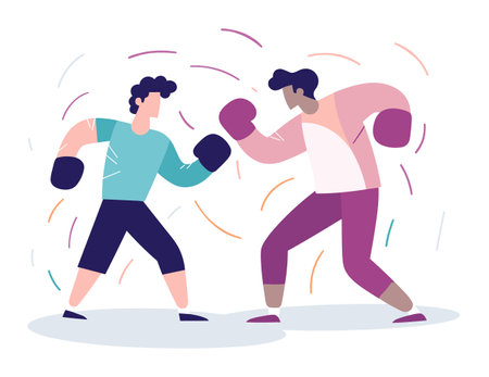 Two male boxers fighting in the ring, dynamic boxing match between athletes. Competitive sport and boxing training session vector illustration.のイラスト素材