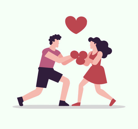 Young cartoon couple sharing heart shapes. Man in shorts and woman in dress showing affection. Love concept and romantic relationship vector illustration.のイラスト素材