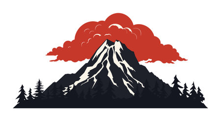 Stylized mountain peak snow, trees red sky. Outdoor adventure nature exploration theme. Explore...
