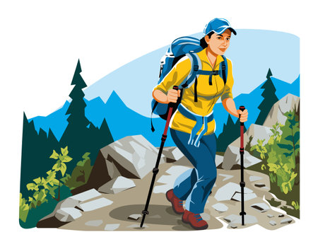 Woman hiker trekking mountains wearing blue cap, yellow jacket, backpack, using trekking poles. Female backpacker enjoys nature hike, active outdoor lifestyle, mountain adventure. Happy trekkerのイラスト素材