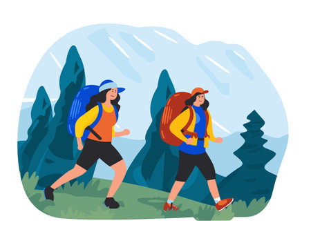 Two female hikers trekking through mountainous landscape, enjoying outdoor adventure, dressed active wear. Women equipped backpacks hats hike through forested area, depicted flat graphic. Natureのイラスト素材