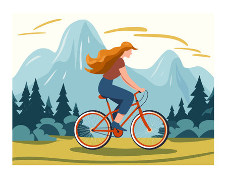 Young woman riding bicycle, long hair flowing, casual attire, leisure activity, outdoor, healthy lifestyle. Female cyclist, joyful expression, yellow shirt, blue jeans, bike basket, minimalisticのイラスト素材