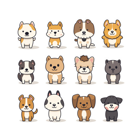 Cute cartoon dogs set isolated white background. Various adorable puppy breeds, smiling, standing, sitting, simple flat design. Collection different dog types, pet care, animal themed graphicsのイラスト素材