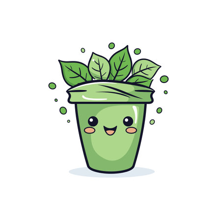 Cute green smoothie cup character smiling leaves bubbly cheerful cartoon isolated white background. Happy beverage illustration kawaii style adorable face, healthy drink concept ecology friendlyのイラスト素材