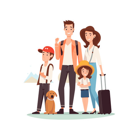 Family ready vacation standing together smiling, happy parents children dog travel. Cartoon family trip, mother father daughter son setting off journey adventure, casual attire. Cheerful groupのイラスト素材