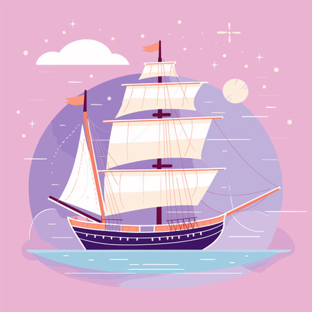 Sailing ship cruising calm ocean under starry sky, twilight hues. Vintage vessel glides peaceful waters, evening sail scene. Historical ship sails serene sea, tranquil night setting, adventure themeのイラスト素材