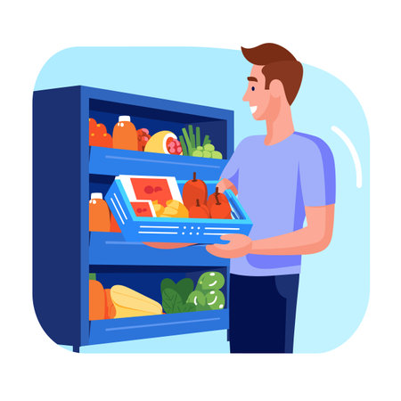 Young man organizes fresh groceries refrigerator shelves. Male cartoon character brown hair storing food fridge. Casual clothing, household chore, kitchen, healthy eating illustrationのイラスト素材