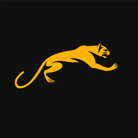 Golden yellow cougar pouncing against black background, sleek feline motion, hunting big cat silhouette. Muscular predator leap, wild animal grace, panthera onca mid jump, graphic art. Dynamic pumaのイラスト素材