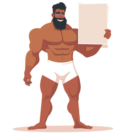 Muscular cartoon character smiling, holding blank sign, fitness advertisement. Illustration bodybuilder presenting board, sports promotion, gym marketing. Strong man beard showcasing empty placardのイラスト素材