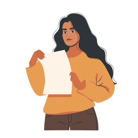 Woman holding blank paper, long black hair, confident expression, yellow top. Female presenting empty sheet, concept advertisement, casual attire. Young lady showcasing document, editable mockupのイラスト素材