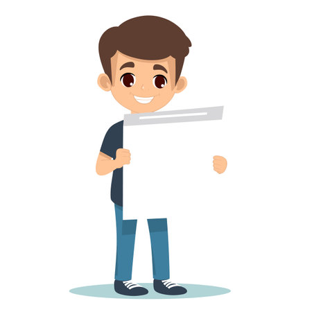 Young cartoon boy smiling holding blank sign board ready text message. Cartoon character displaying empty placard advertisement, cheerful expression. Smiling child presenting clear banner customのイラスト素材