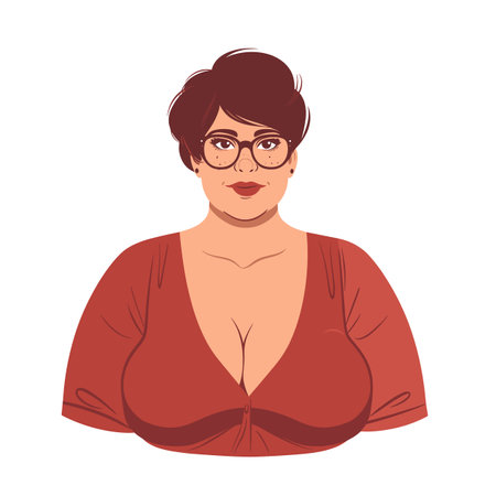 Illustration plussize woman confidently posing, mature female character wearing glasses red blouse. Cartoon representation bodypositive lady, adult woman short hair stylish eyewear. Confidentのイラスト素材