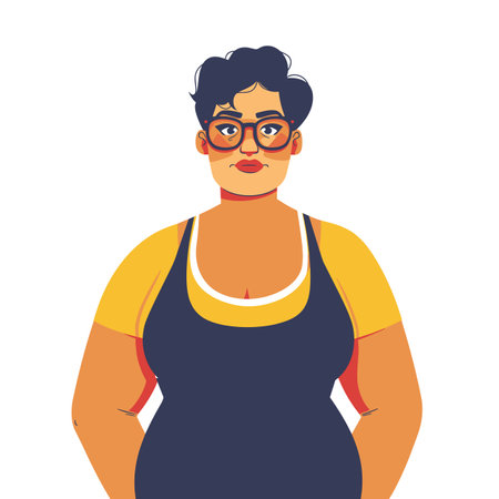 Curvy woman standing confidently, glasses, short hair. Plus size female, casual clothing, fashionable, body positivity. Empowered young adult, diverse, stylish, isolated white backgroundのイラスト素材