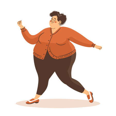 Happy overweight woman dancing, joyful plus size lady expressing happiness through dance, body positivity concept. Smiling plus size female cartoon character casual clothing grooves music, enjoysのイラスト素材