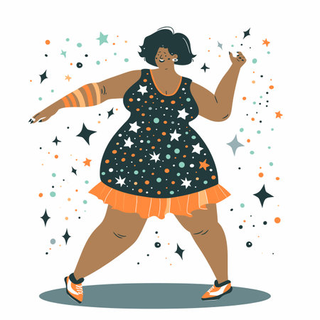 Black woman dancing joyfully, animated character short hair, vibrant dress sneakers, festive mood star confetti. Confident female plussize model having fun, celebrating, dancing alone, wearingのイラスト素材