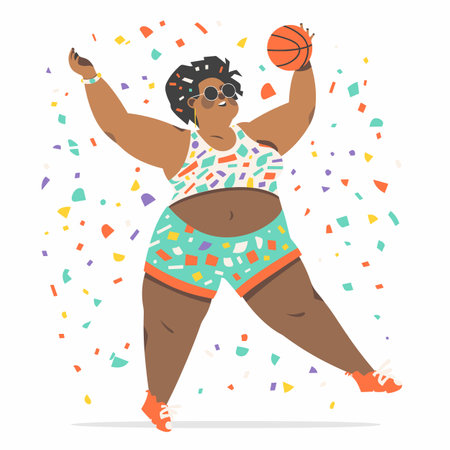 Joyful woman dancing, celebrating basketball amidst confetti. Energetic, plussize African American female colorful sportswear enjoys basketball party. Cartoon woman grooving fun sports celebrationのイラスト素材