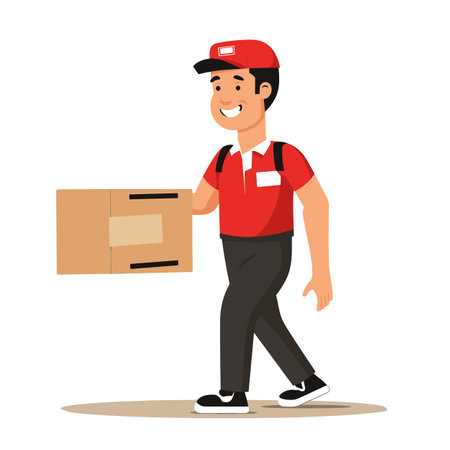 Delivery man carrying cardboard box, smiling courier delivering package foot. Uniformed male worker red shirt, black pants delivers parcel, logistics, shipment concept. Young delivery personのイラスト素材