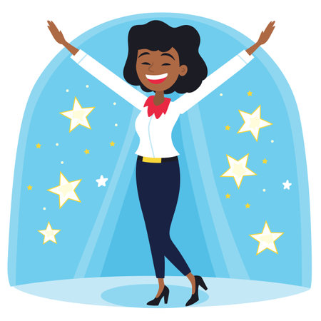 Happy African American woman celebrating success. Professional black female business attire, joyful, stars background. Confident businesswoman arms raised, office achievement celebrationのイラスト素材