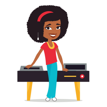 Young African American female cartoon character playing electric keyboard. Smiling black girl afro hairstyle enjoys music synthesizer. Casual outfit, musician, leisure, hobby, cheerful moodのイラスト素材
