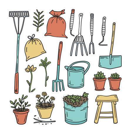 Hand drawn colorful gardening tools plants doodle set isolated white background. Collection garden equipment rake shovel fork watering potted flowers stool vector illustration. Gardening themeのイラスト素材