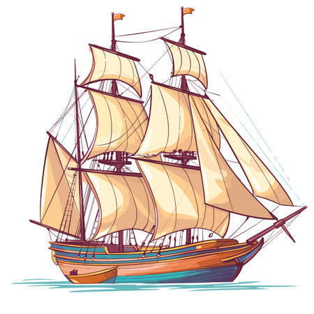 Sailing ship illustration, tall ship large sails, marine vessel drawing. Oldfashioned sailing boat, vintage sailboat graphic, nautical theme artwork. Colorful sailboat, historical illustration, seaのイラスト素材