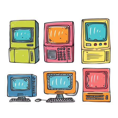 Retro computers colorful sketch illustration, vintage personal computers handdrawn. Oldschool technology, nostalgic computing devices cartoon drawing. Classic early tech, collection antique isolatedのイラスト素材