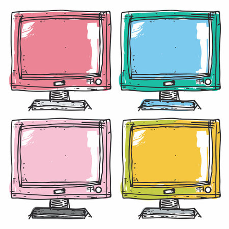 Handdrawn vintage televisions colorful sketch, retro TVs doodle isolated white background. Four classic television sets, pink, blue, yellow, magenta screens, illustration. Hand sketching, colorfulのイラスト素材