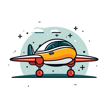 Bright colored cartoon airplane grounded under sky clouds. Small aircraft comic style illustration vibrant colors. Yellow orange plane graphic art design sky backdropのイラスト素材