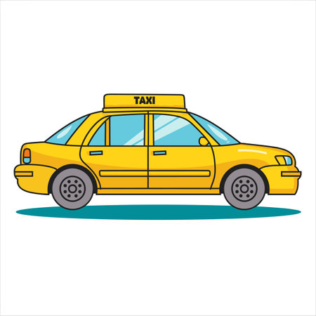 Yellow taxi cab cartoon illustration side view. City transport yellow sedan taxi vehicle, commercial transportation, car isolated white background, urban serviceのイラスト素材