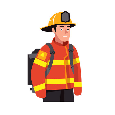Cartoon fireman ready emergency response, firefighter safety uniform. Confident male firefighter character wearing protective gear, helmet, smiling bravely. Professional fireman cartoon vectorのイラスト素材