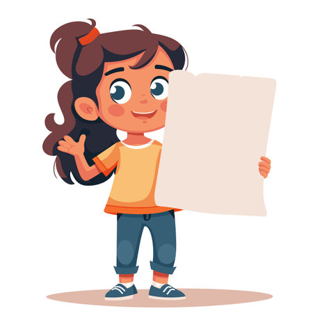 Young girl presenting blank paper poster, cheerful cartoon character, casual attire. Child showing empty document, message display, joyous expression, orange shirt blue pants. Girl holding signのイラスト素材
