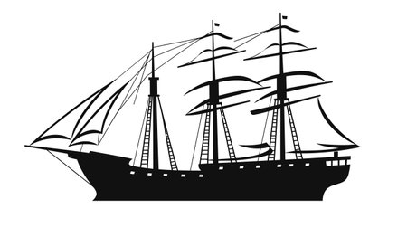 Black silhouette tall sailing ship, intricate rigging, sails billowing, maritime transport, historical vessel. Oldfashioned sailboat silhouette isolated white background, nautical theme, explorationのイラスト素材