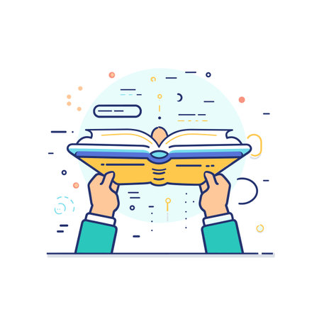 Hands holding open book radiating knowledge light bulbs idea symbols around. Education learning concept magic book colorful illustration. Cartoon style graphic digital art open textbook knowledgeのイラスト素材