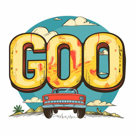 Retro car parked under large bold letters GO, traveling concept, road trip adventure. Vintage vehicle, desert scenery, grunge typography, motivational poster. Classic convertible, big word artのイラスト素材