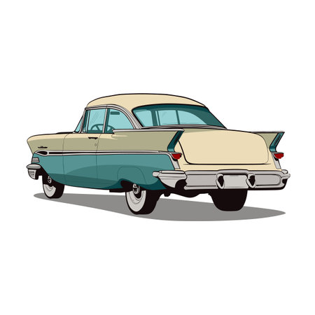 Classic car illustration, blue beige, vintage American automobile, isolated white background. Retro vehicle design, tailfins, chrome details, 1950s nostalgia. Collectible model car, transportationのイラスト素材