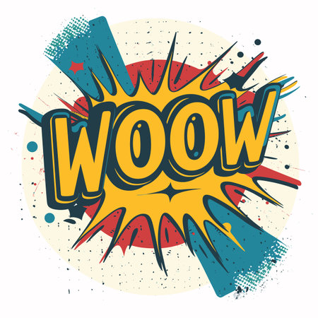 Comic book style exclamation Wow bursting energy, colors excitement. Bold, colorful text, sound effect graphic expressing amazement, surprise. Retro comic book design, pop backgroundのイラスト素材