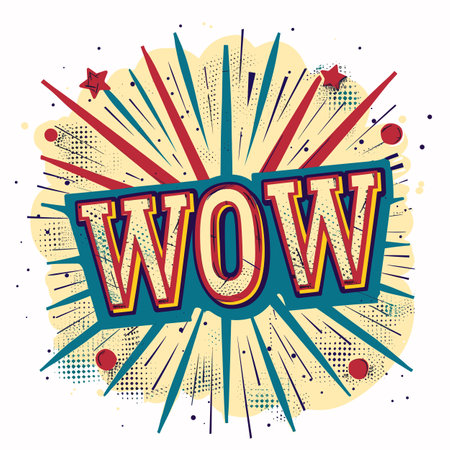 Retro comic book style expression WOW centered, pop art design, vibrant explosion background. Cartoon text illustration, vintage bold typography, excitement surprise exclamation. Bright colors, starのイラスト素材
