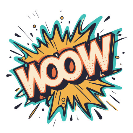 Comic book style explosion word WOW bold cartoon lettering bright colors isolated white background. Pop art wow exclamation vibrant splash action sound effect graphic text. Excitement surpriseのイラスト素材