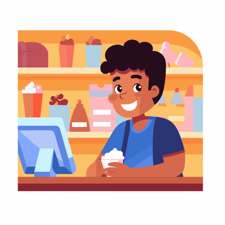 African American boy enjoys sundae ice cream parlor smiling happily. Young male dessert shop holding sweet treat, wearing casual clothes. Cheerful child curly hair inside colorful ice cream storeのイラスト素材
