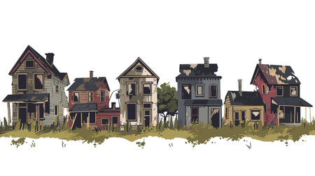Row abandoned houses, deteriorating neglected architecture, overgrown grass. Derelict buildings, peeling paint, broken windows, destruction decay urban scene. Vintage homes, weathered worn, desertedのイラスト素材
